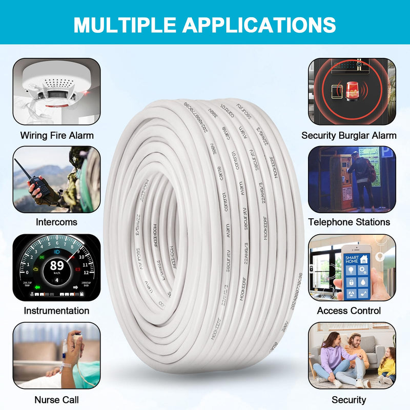 MOOKEERF 22/3 Shielded Wire 22 AWG 3 Conductor Stranded Shielded Plenum Cable 100FT White CL3P Jacket for Security/Alarm/Access Control/Sound-22AWG 3 Conductors Wire