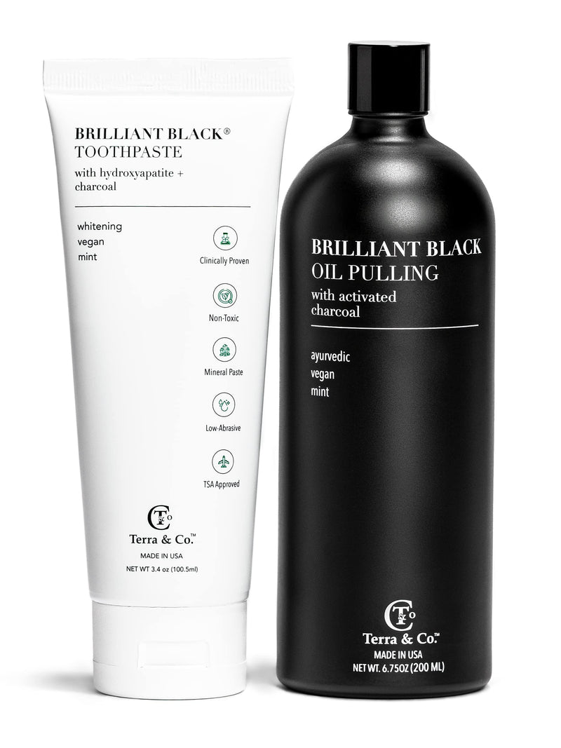 Terra & Co.® Brilliant Black® Oil Pulling Mouthwash | Natural Oil Rinse with Vitamin E for Strong Gums & Healthy Teeth | Fluoride-Free, Made in USA | 6.75 oz Black Oil Pulling 6.8 Fl Oz (Pack of 1)