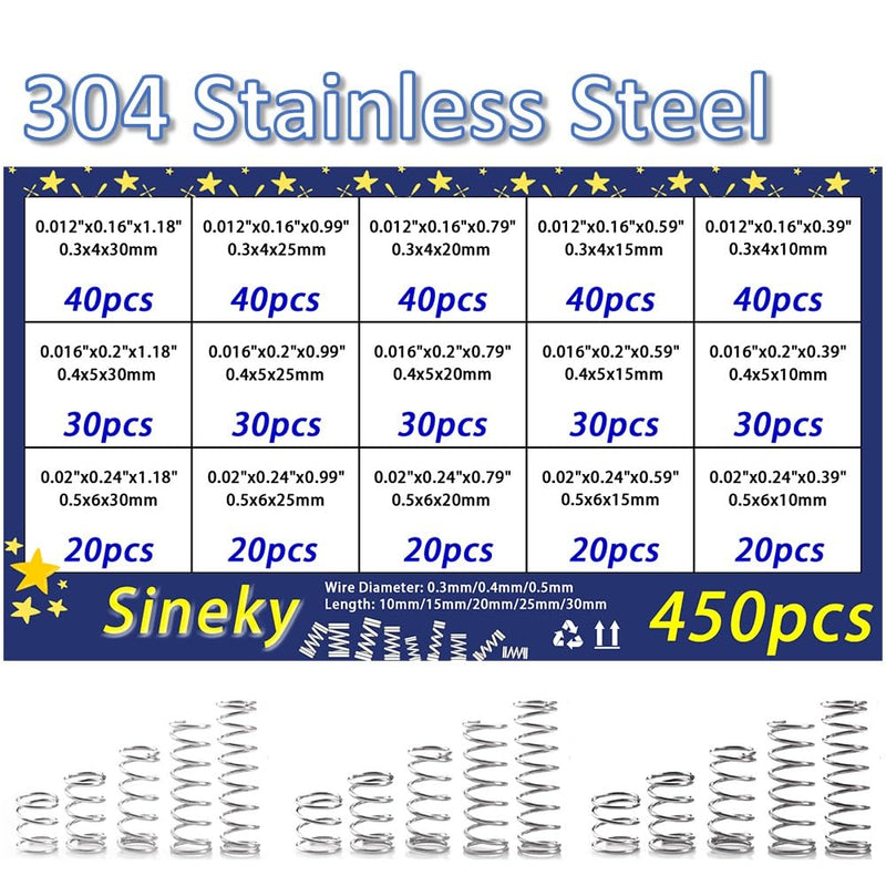 [Australia - AusPower] - 450pcs Compression Springs Assortment Kit, Small Spring Set for DIY Repair Project, 15 Different Sizes Stainless Steel Compressed Spring Kit 10-30mm (0.39"-1.18") Length 450pcs 