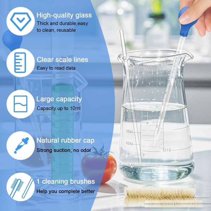 [Australia - AusPower] - 2pcs Glass Pipettes Dropper, Glass Liquid Dropper, 10ml Graduated Liquid Dropper with Cleaning Brush, Liquid Transfer Eye Droppers, Lab Glass Transfer Pipette, Large Essential Oil Droppers 