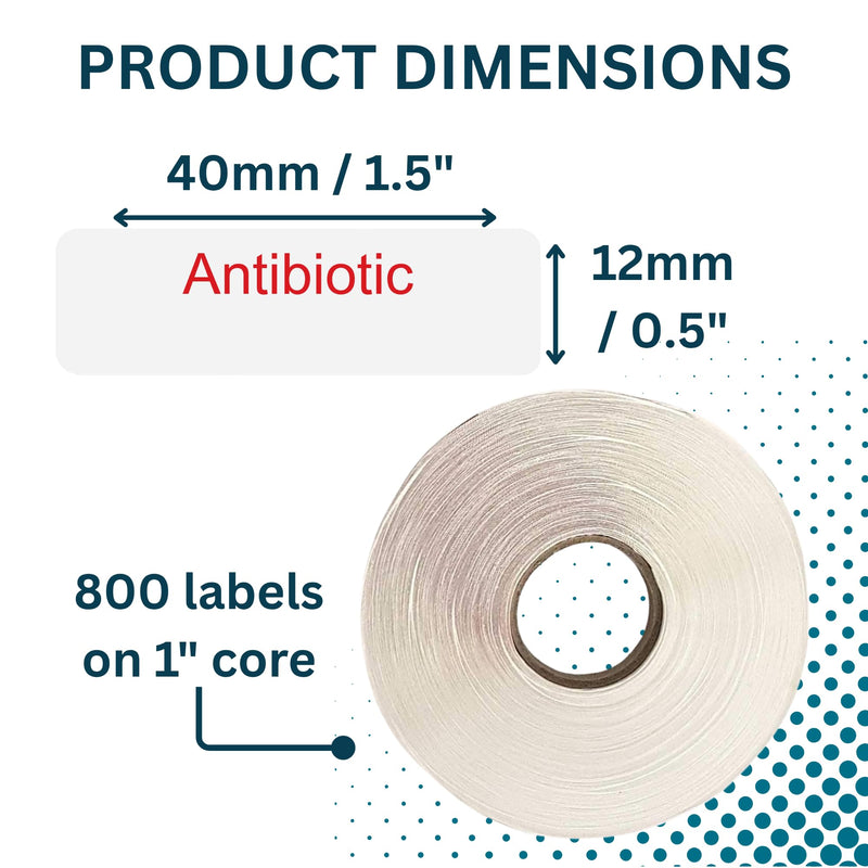 Antibiotic Medical/Syringe Labels - Box of 800 Labels on Roll (1" core). 12mm x 40mm (Approx 0.5" x 1.5"). Latex-Free Permanent Adhesive. Printed in Australia by Specialist Medical Printer. Antibiotic