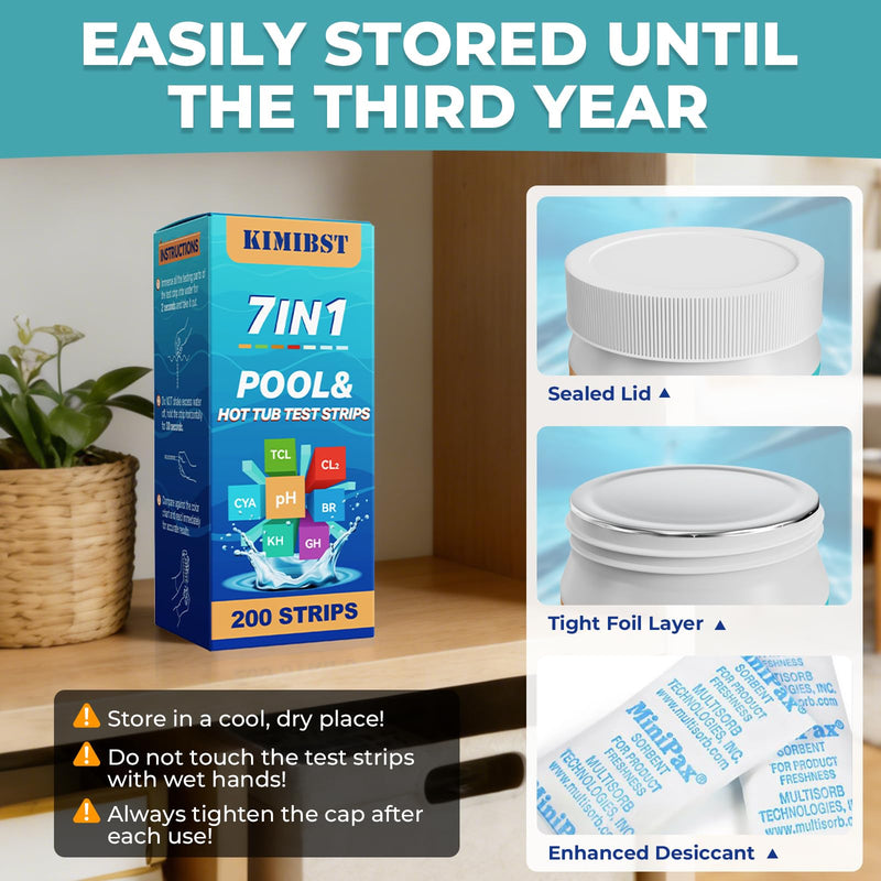 [Australia - AusPower] - Pool Test Strips: 200CT 7-Way Professional Hot Tub & Spa Test Kit for Bromine pH Total Chlorine & Hardness Cyanuric Acid and More Accurate Testing Above Inground Swimming Pool Water (200) 200 
