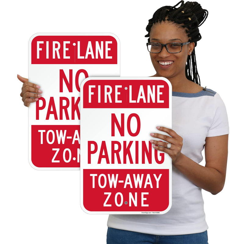 SmartSign Fire Lane No Parking Tow-Away Zone Sign - 2 Pack, 18 x 12 inch, 2mm Thick Aluminum Composite, Pre-Drilled Holes, Red and White, Made in USA 12" x 18"