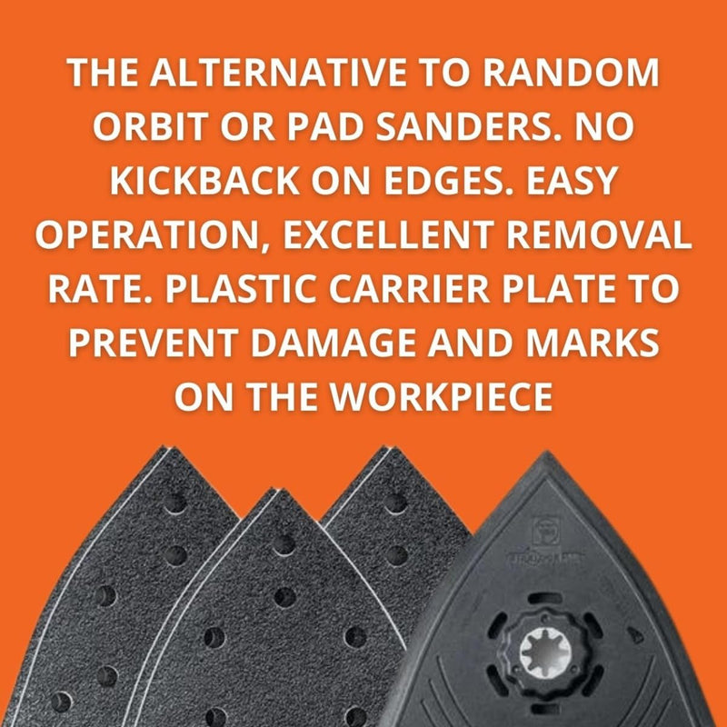 Fein Starlock Plus Triangular Sanding Set - Multi-Material Use, Perforated Backing Pad & Sanding Sheets, 60, 80 and 180 Grit, 5-1/8" Edge Length - 63806204210