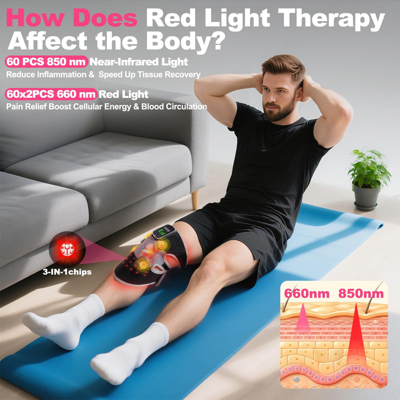 3-in-1 Red Light Therapy Knee Brace with 4 Vibration Massage Areas, 5000mAh Rechargeable Heated Knee Massager, 660nm&850nm Infrared Light Therapy Heated Device for Knee Elbow Shoulder Pain Relief Black