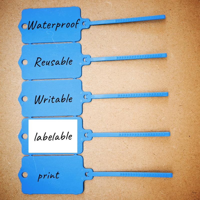 100pcs Reusable Blank Plastic Tags Ties Key Tags 1.45"*2.48" Serrated Tension Sealing Strap with Large Label Plastic Tie Mark Label Waterproof Hang Sign Write on Tag (Blue, 100pcs) Blue
