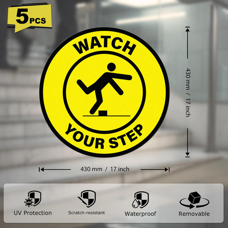 5 Pack Watch Your Step Floor Sticker Anti-Slip Safety Sign 17 × 17 Inches Self Adhesive Vinyl Waterproof Signage for Floors Stairs Warehouses Offices Retail Stores