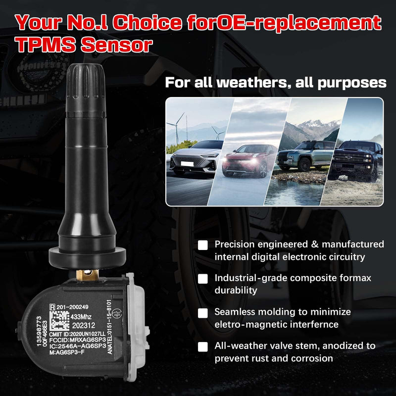 RLP Set of 4 TPMS Tire Pressure Monitoring System Sensor 433MHz Compatible with Calillac, GMC, Malibu Silverado Impala Cruze,Regal Lacrosse Replace OE#13598773 13516165 13589601 13506028 13594222