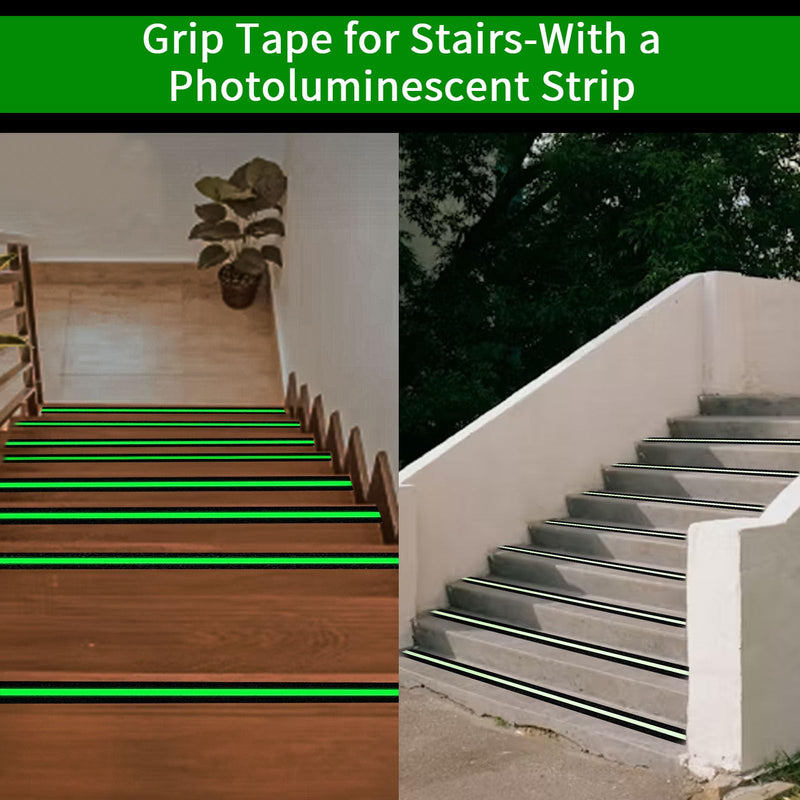 Glow in Dark Anti Slip Tape, 2" x50FT Heavy Duty Waterproof Safety Grip Tape for Stairs, Pool, Bathroom - Black & Glow Stripe Indoor/Outdoor Multi-Purpose Traction Tape 2 Inch x 50 Feet