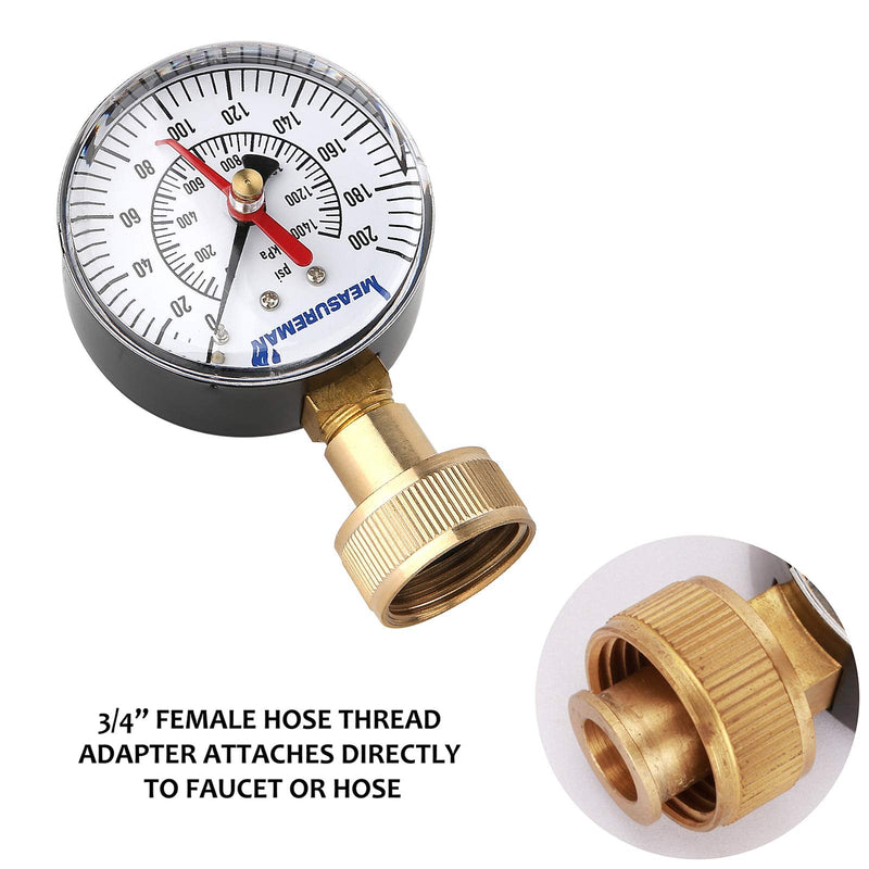 [Australia - AusPower] - MEASUREMAN 2-1/2" Water Pressure Test Gauge, 3/4" Female Hose Thread, 0-200 psi/kpa with Maximum Pressure Memory 2-1/2" Dial 