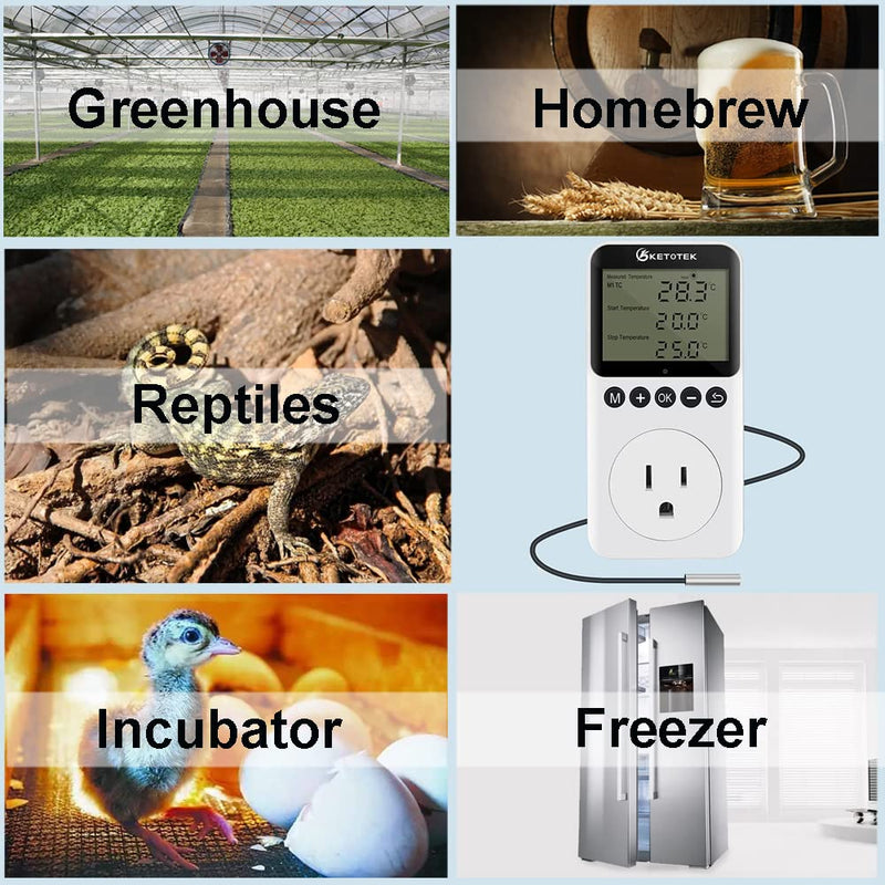 [Australia - AusPower] - KETOTEK Digital Day/Night Temperature Controller 120V, Thermostat Outlet Plug with Timer, Thermostatic Outlet Switch 110V with 3m Sensor for Reptile Terrarium Greenhouse, Heating/Cooling Temp Control KT3200pro No Backlit 