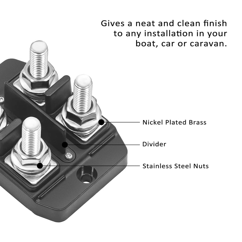 RECOIL Dual Row Busbar Positive and Negative 2 x 5/16” Studs 1 x #8 Screw Terminals Power and Ground Distribution Block with Ring Terminals Red & Black