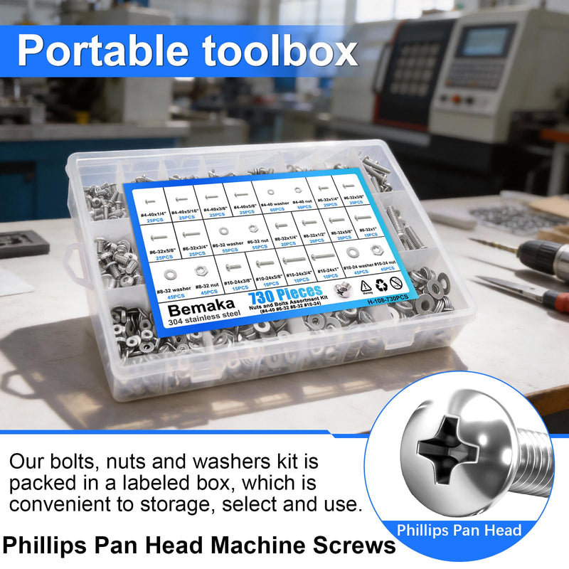 730Pcs Machine Screws Nuts and Bolts Assortment Kit, 304 Stainless Steel Bolts 16 Sizes #4-40#6-32#8-32#10-24 Phillips Pan Head Hardware Screws Assortment Kit with Nuts and Washers SAE #4-40 #6-32 #8-32 #10-24