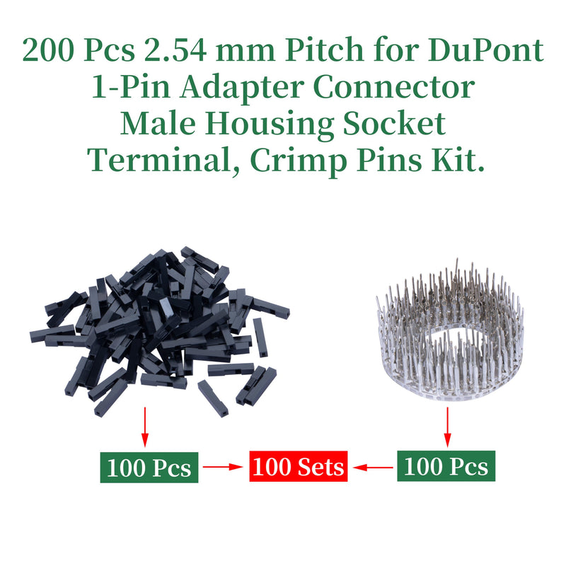 [Australia - AusPower] - 100 Sets for DuPont 2.54 mm Pitch 1-Pin Male Adapter Cable Connector Accessories. 200 Pieces 2.54 mm Pitch 1-Pin Adapter Connector Male Housing Socket Terminal, Crimp Pins Kit. Black-Single Row 