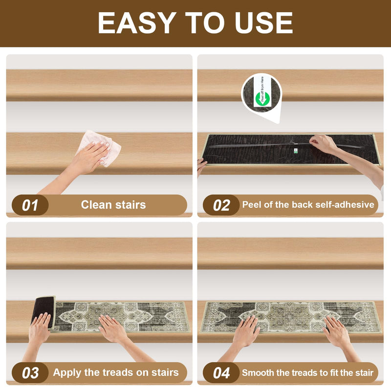 Non Slip Stair Treads for Wooden Steps Indoor, Begie, 15pcs, 30"X8", Soft Carpet Mat, Machine Washable Boho Carpet Treads with Reusable Adhesive Backing, Safety Stair Tread for Dog, Kid, Elder 30"x8" 15