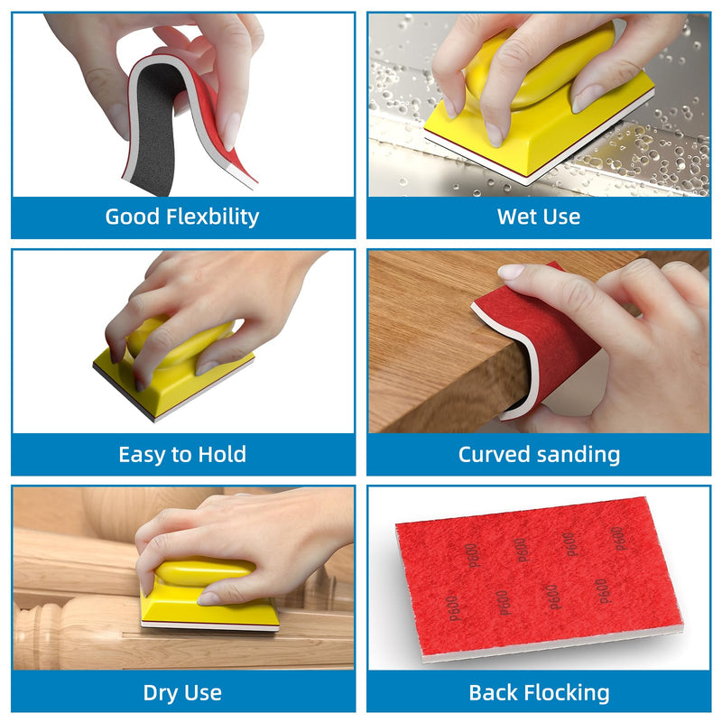 BURMONG 25 Piece Sanding Sponge Set with Hand Sanding Block, Grit 80-3000, Wet and Dry Sanding, Reusable for Wood, Furniture, Metal, Paint and Drywall (Grit 80-3000)