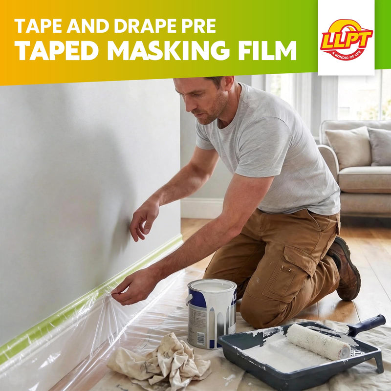 LLPT Tape and Drape 35.4”(Unfolded) x 66 Ft Each 2 Pack Pre-Taped Masking Film 0.31 Mil Painters Plastic Drop Cloth for Auto Wall Furniture Painting Protection (MFTG920) 35.4 Inch x 66 Ft