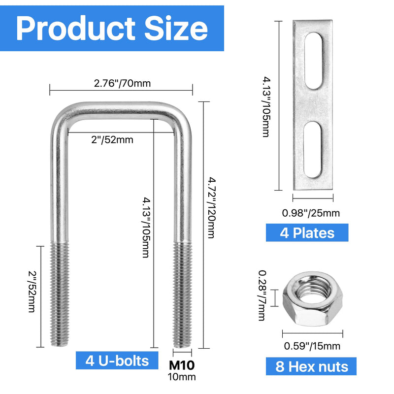 [Australia - AusPower] - 4 Sets Square U Bolts 2" W x 4.33" L, Stainless Steel Bend U Bolts, Marine U Bolt with Frame Plate and Hex Nut for Mounting Automobiles Trailer, Ski Boat, Sailboat Trailer（M10 x 50mm x 120mm） 