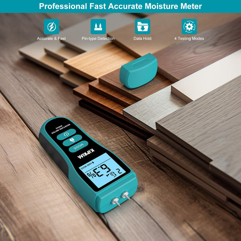 Kiprim Pin-Type Moisture Meter for Wood, Wall, Packing, Building – Digital Moisture Detector with LCD Display, Temperature (°C/°F), Hold Function, 4 Material Modes, Replacement Pins Included WM02