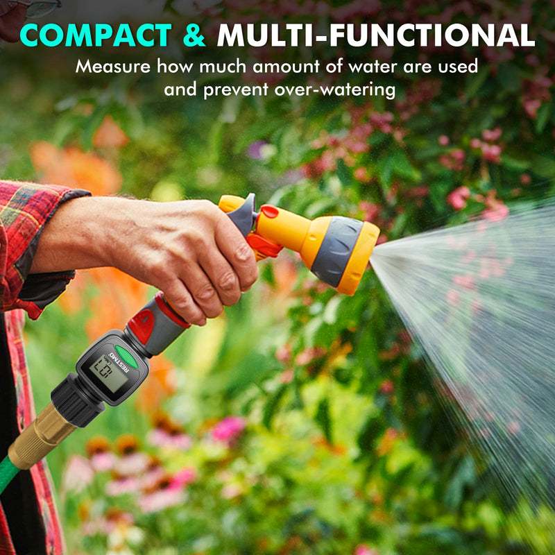 RESTMO Water Flow Meter, High Measure Accuracy, Measure Gallon/Liter Consumption and Flow Rate for Outdoor Garden Hose Watering, RV Water Tank Filling, Lawn Sprinkler and Nozzle Sprayer 1 Pack