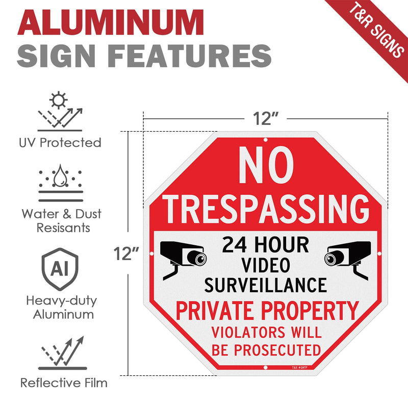 T&R Large No Trespassing Private Property Sign Video Surveillance Sign - 4 Pack - 12"x12" .040 Rust Free Heavy Aluminum, Reflective, Waterproof, Weatherproof and Fade Resistant, 4 pre-drilled holes, Easy to Mount RED - 12"x12" - 4 Pack