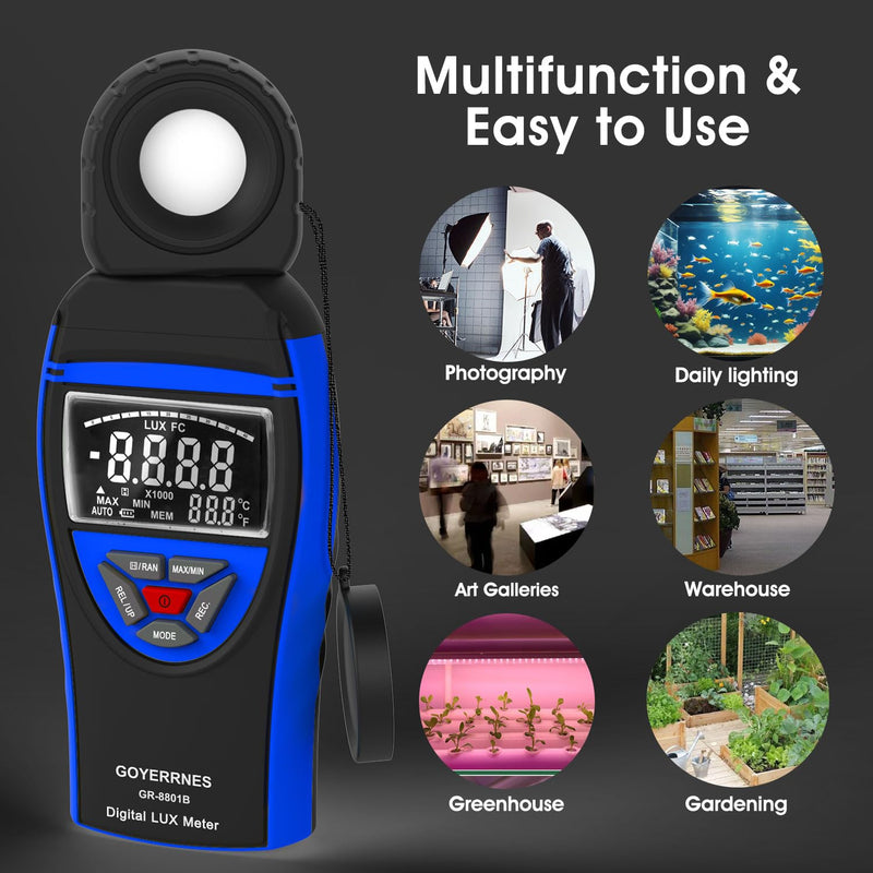 [Australia - AusPower] - Illuminance Light Meter, Digital Lux Foot Candles Meter 0.1~400,000 Lux (0.1~40,000 FC) with 270º Rotatable Detector, Lumen Meter Luxmeter for Indoor Outdoor（Blue） 