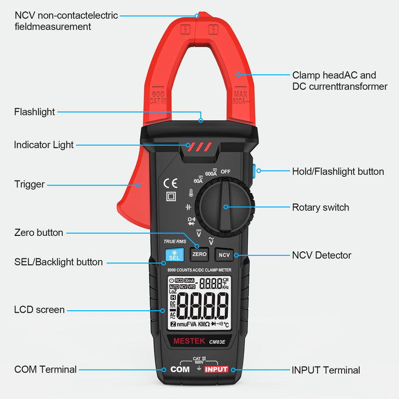 [Australia - AusPower] - MESTEK Digital Clamp Meter Multimeter Tester TRMS 6000 Counts Amp Volt Meter, Auto-Ranging Voltmeter Measures AC/DC Current, Voltage, Temperature, Capacitance, Resistance, Continuity, Diode & NCV 600A AC DC Current Meter 