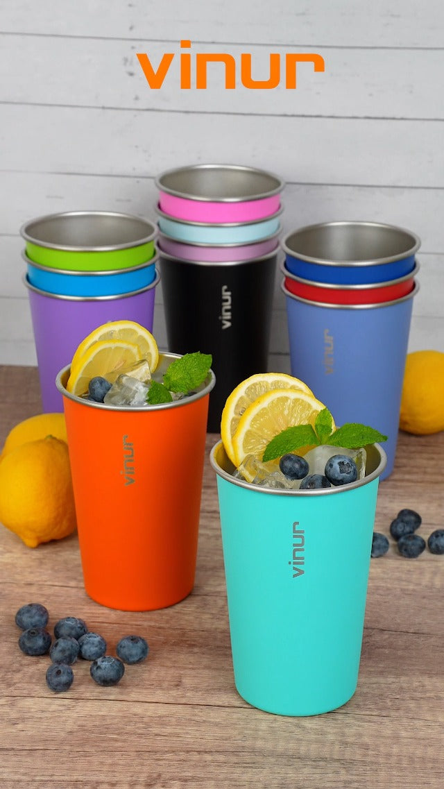 Stainless Steel Cups-16 oz Colorful Stackable Metal Drinking Glasses 8 Pcs Sky Blue-Orange-Hot Red-Apple Green-Blue-Royal Blue-Teal-Purple 8 Pack
