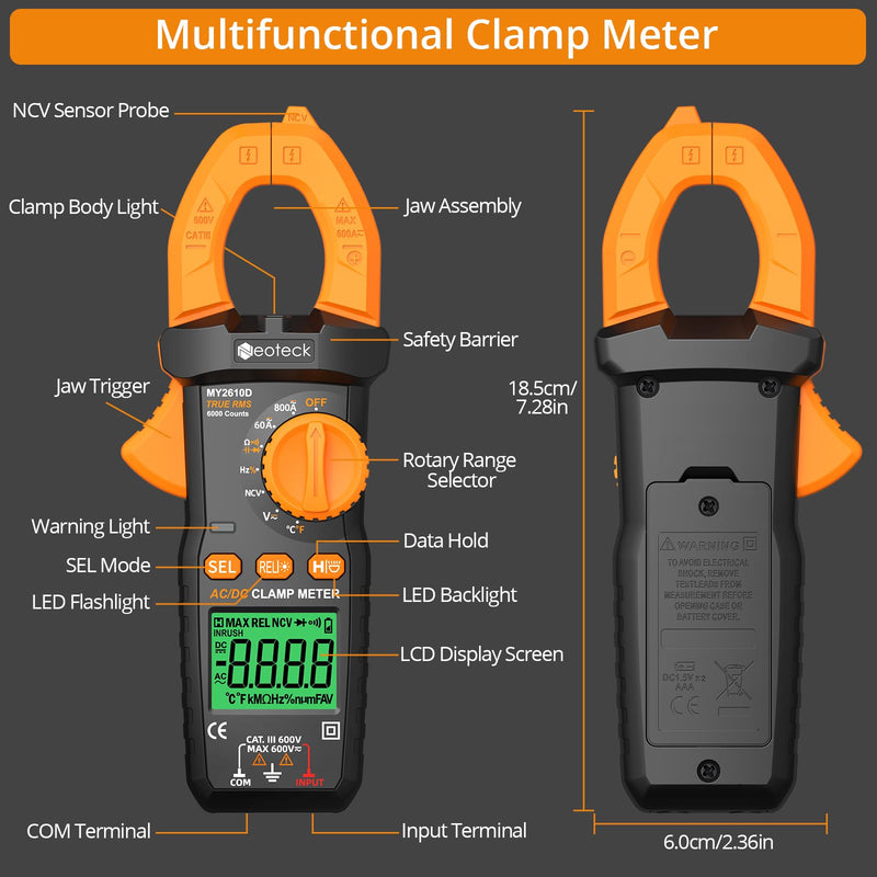 [Australia - AusPower] - Neoteck Clamp Meter 6000 Counts Clamp Multimeter 800A AC/DC Current&Voltage Multimeter with TRMS Capacitance Continuity Resistance NCV Diode Frequency for Home Electrical,Automobile,Industrial,HVAC 