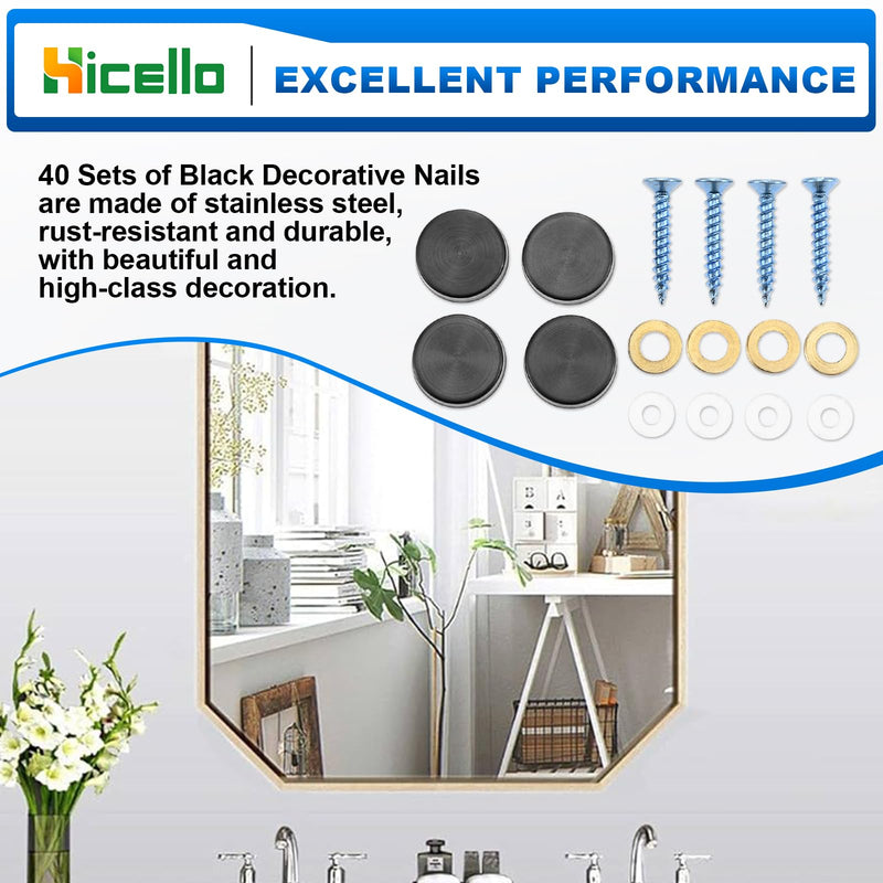 [Australia - AusPower] - 40 Pcs Mirror Screw Cover Cap 0.63"/16mm Diameter Black 304 Metal Decorative Screws with Cap and Gasket for Fasteners, Sign/Advertising Hardware, Construction, Tea Tables, Wardrobes Glass Furniture 