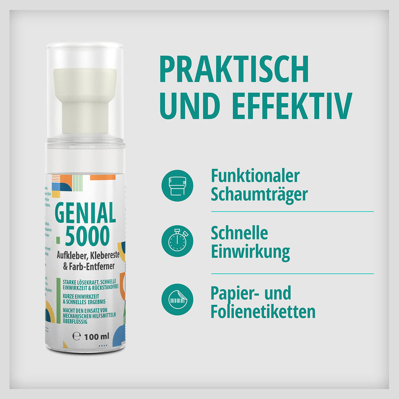 Genial 5000 Professional Adhesive Remover 250 ml with Empty 100 ml Foam Bottle Effective Label Remover for Stubborn Stains and Glue, Ideal for Home, Office and Workshop
