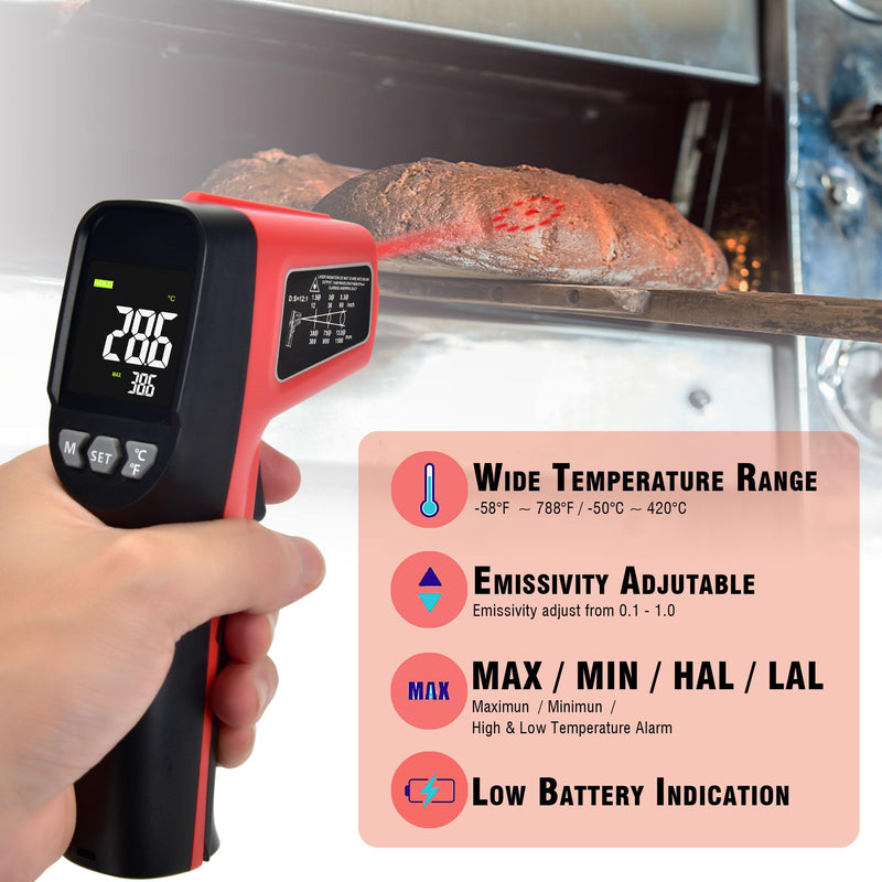 [Australia - AusPower] - Non-Contact Infrared Thermometer -58°F ~788°F (-50~420℃) with Large Color LCD Backlight Display & Laser Positioning & Adjustable Emissivity & Max Min for Cooking, Oven, Griddle, Engine, HVAC Black & Red 