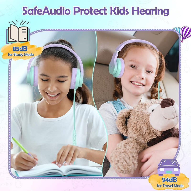 [Australia - AusPower] - Kids Headphones, Wired Headphones for Kids Over Ear with Microphone, 85/94dB Volume Limiter Headphones for Girls Boys with Sharing Jack, Foldable Headphones for Online Study,Gradient Purple Light Purple 