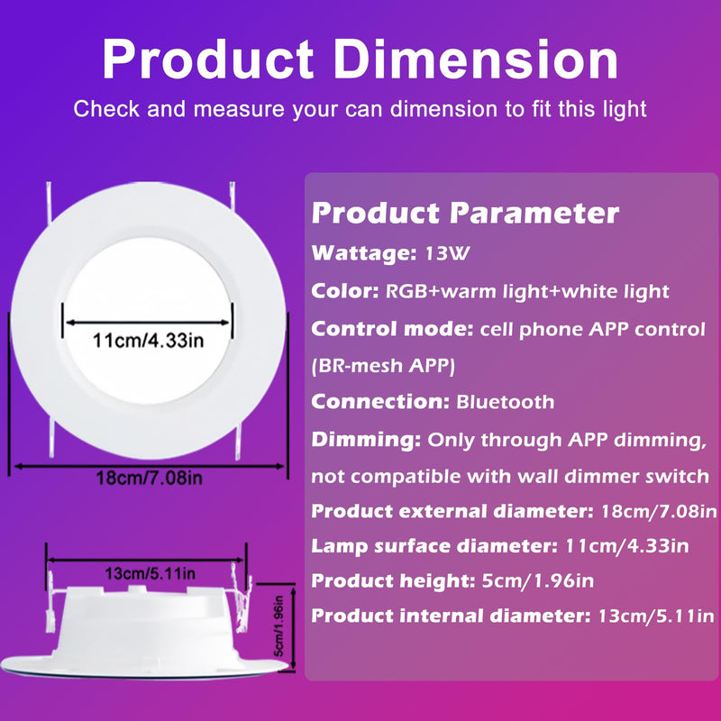Smart Recessed Lighting, 5/6 inch, Compatible with Alexa, Smart LED Downlight, ‎13W 1050LM Led Lights, Smart Can Lights Multicolor APP Dimmable, 4-Pack RGB+CCT 4Pack