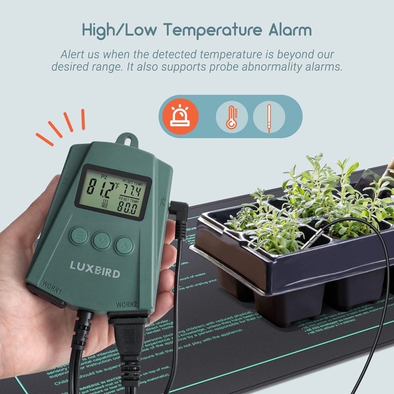 [Australia - AusPower] - LUXBIRD LB-2SC Digital Heating Mat Thermostat Controller with 2 Probes and 2 Outlets for Seedlings, Germination, Reptiles, Brewing, Breeding, Incubation, Greenhouse (Max 250W per Outlet) 