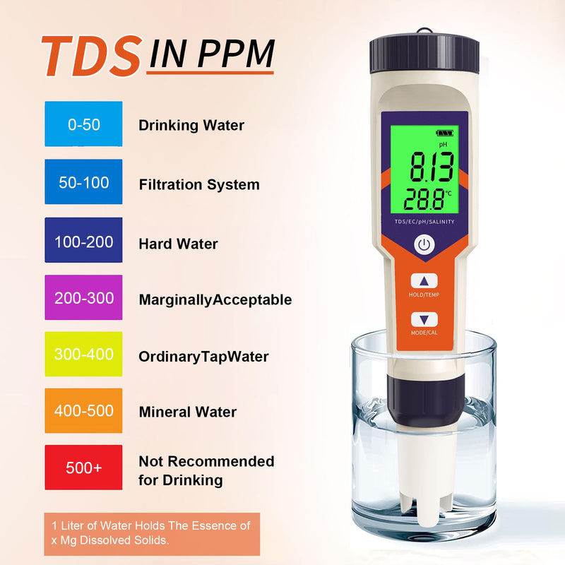 [Australia - AusPower] - Digital PH Water Tester, 5 in 1 PH/TDS/EC/Salt/Temp Meter, a Practical Portable Meter for Pool, Aquarium, Drinking Water, Shower& Kitchen Drinking Water for The Household 2025 upgraded 5-IN-1 pH meter 