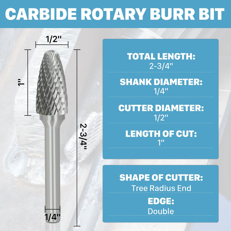 [Australia - AusPower] - KEENTECH Burr Bits Tungsten Carbide, 1/4" Shank Die Grinder Bit, SF-5 Cutting Burrs with Storage Case, Double-Cut Tree Shape Rotary File for Hard Metal, 1/2" Cutting Dia. x 1" Cutting Length 