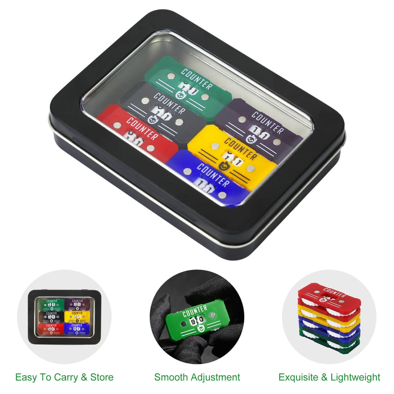 [Australia - AusPower] - 6PCS Life Counter Set with Metal Box, Health Tracker Life Counters Twin Digits for Magic Card Games Accessories D&D RPG CCG TCG Tabletop Board Games A Color Matching-6pcs 