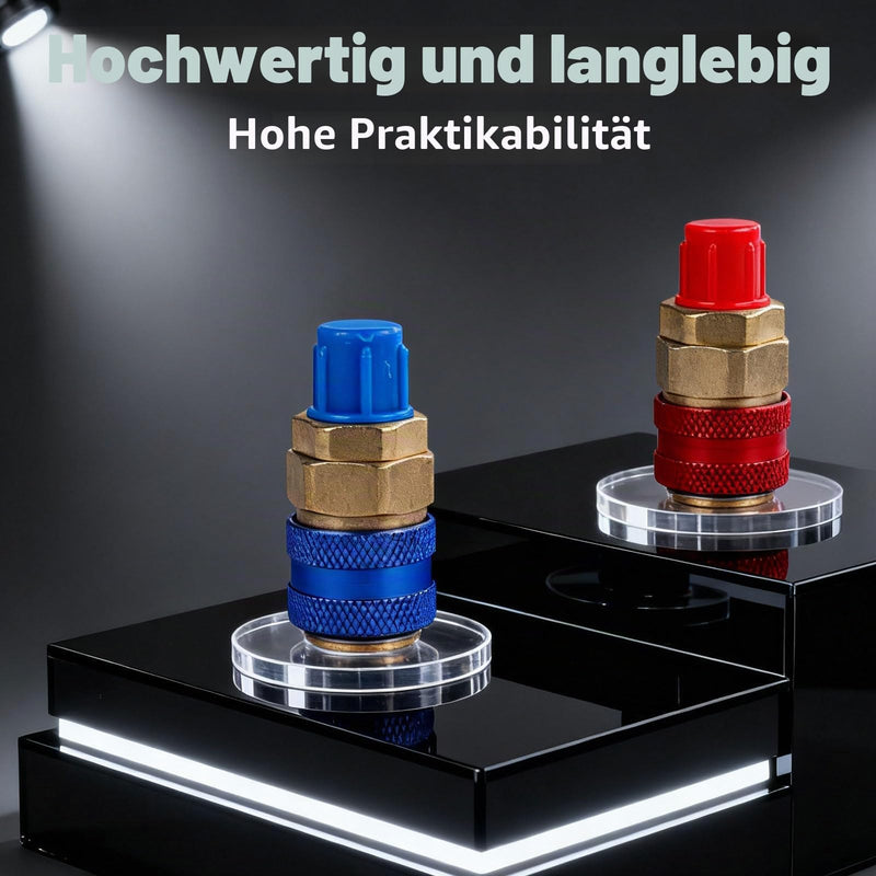 Adapter for R134A Refrigerant, 1/4 Inch AC High Pressure and Low Pressure SAE, Universal Quick Coupling Adapter Made of Robust Brass for Air Conditioning and Cooling Systems, Corrosion Resistant and