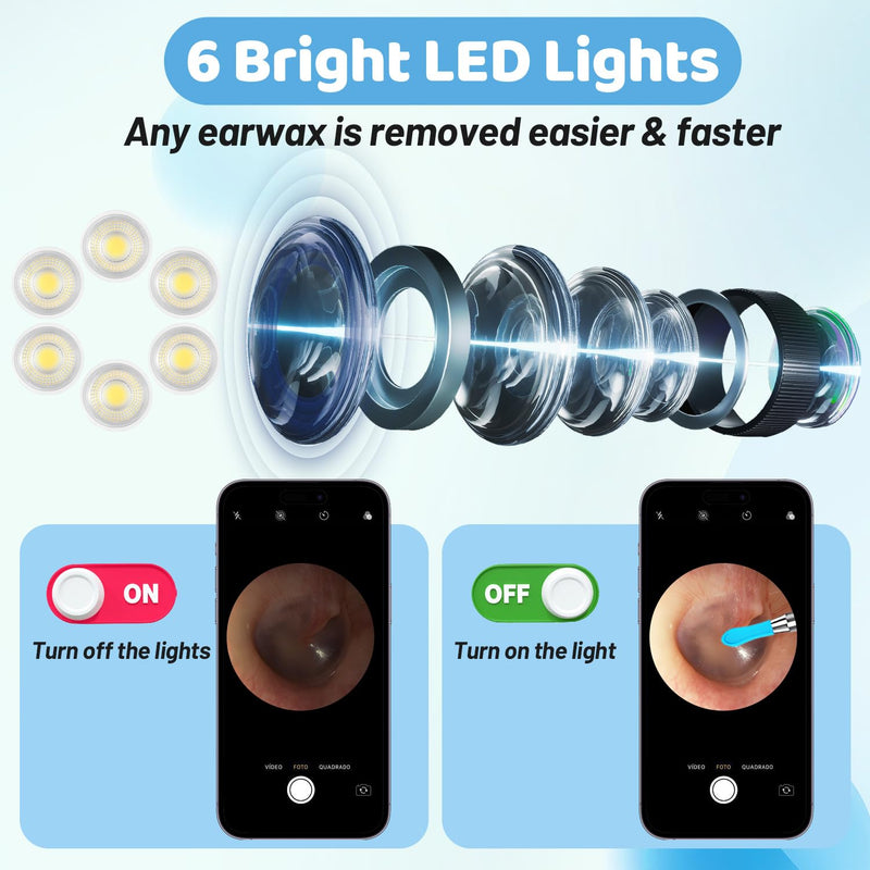 Ear Cleaner with Camera HD 5MP - 6 LEDs | Dimmable LEDs. IP67 Waterproof For adults and children. Wireless App control. 90 minutes. Battery.