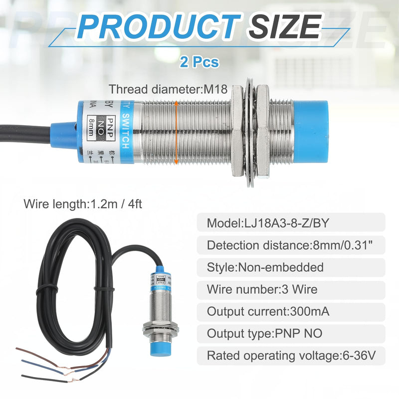 [Australia - AusPower] - MECCANIXITY 2Pcs Inductive Proximity Sensor,PNP NO M18 DC 6-36V 300mA Proximity Switch Detector Approach Sensor 8mm 3 Wire for Industrial Automation LJ18A3-8-Z/BY 2 