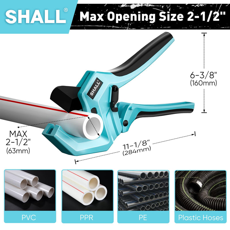 [Australia - AusPower] - SHALL PVC Pipe Cutter, Cuts up to 2-1/2”, Heavy-Duty Aluminum Ratchet Pipe Cutter Tool for PVC, PPR, PE, PEX, Plastic Hoses & Plumbing Pipes, Fast Pipe Tube Cutters with High Performance SK5 Blade 2-1/2 inch 