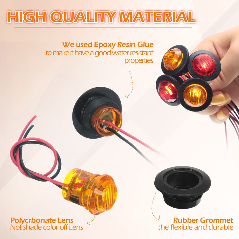 [Australia - AusPower] - Tallew 50 Pieces 3/4'' Round LED Side Marker Lights, 3 LEDs Front Rear Side Indicator Lights Yellow and Red Turn Signal Lights IP68 Waterproof Lamp for Truck Trailer Lorry Bus Caravan Boat, 12V 