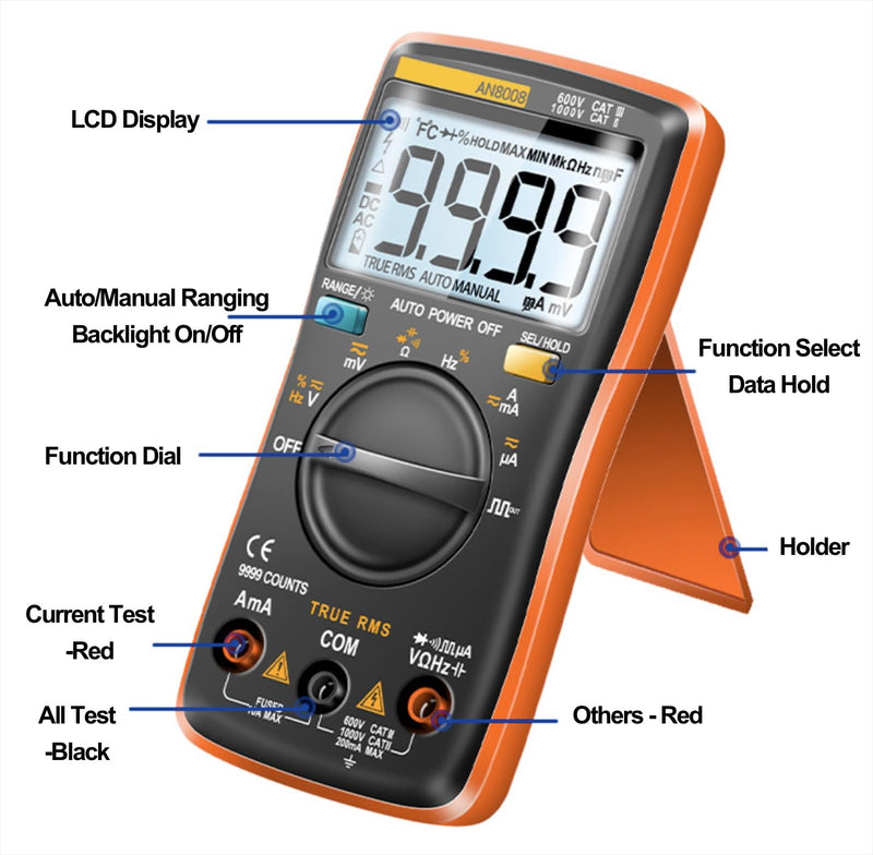 [Australia - AusPower] - AN8008 Digital Multimeter, Auto Ranging AC DC Voltage Tester, Volt Ohm Amp Meter, Continuity Diode Resistance Capacitance Tester, True-RMS, 9999 Counts 