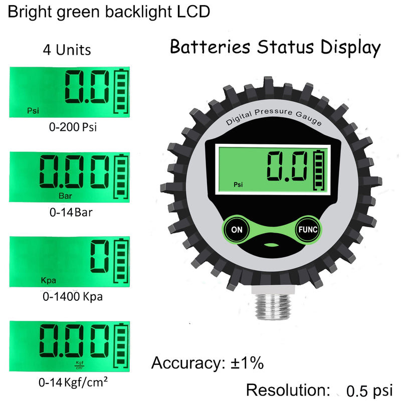 [Australia - AusPower] - Digital Air Pressure Gauge, Digital Pressure Gauge with 1/4'' NPT Bottom Connector and Rubber Protector, 5-200psi Digital Tire Pressure Gauge, Accuracy 1% .F.S. Bottom Mount 