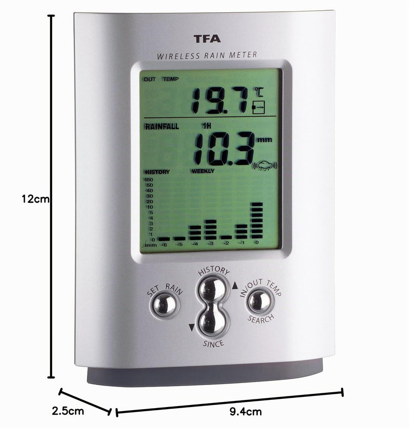 TFA Dostmann MonSun 47.3003 Digital Wireless Rain Gauge - Grey - L 94 x W 25 (48) x H 122 (130) mm