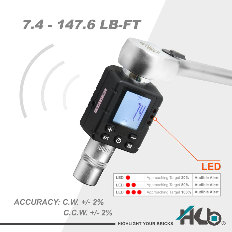 [Australia - AusPower] - HB 3-Piece Digital Torque Adapter Set AAM002-U, 1/2" Drive 7.4–147.6 Ft-lb (10–200Nm), ±2% Accuracy, Peak/Trace Modes, 5 Units, Memory, LED & Buzzer Alerts, Chrome Vanadium Steel, Made in Taiwan 