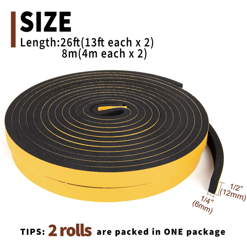 [Australia - AusPower] - Yotache Weather Stripping Door Seal Strip 1/2" x 1/4", 2 Rolls x 13Ft, New Adhesive Foam Insulation Tape for Door Frames, Windows, Total 26Ft 1/2" x 1/4" x 26' 