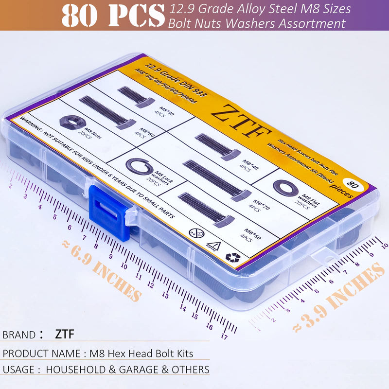 [Australia - AusPower] - 80Pcs m8 x 1.25 Bolt Metric Nuts and Bolts Assortment 30mm, 40mm, 50mm, 60mm, 70mm, 20 Sets Black Full Thread Hex Head Bolts and Nuts Kit M8, 12.9 Grade Alloy Steel with Flat and Lock Washers M8 Bolt Assortment 
