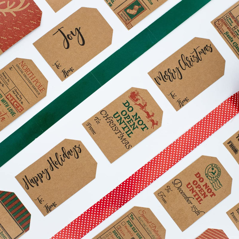 Do Not Open Until December Christmas Gift Tags Stickers – 2 x 3 Inch Natural Kraft Paper Stickers – 25 Adhesive Holiday Labels with 4 Different Vintage Designs– Eco-Friendly, Made in USA